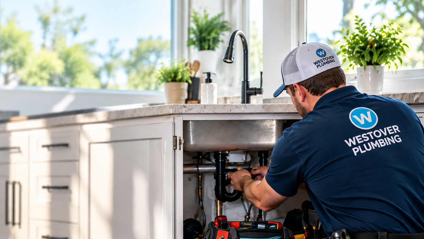 Westover plumber greeting a homeowner in her kitchen